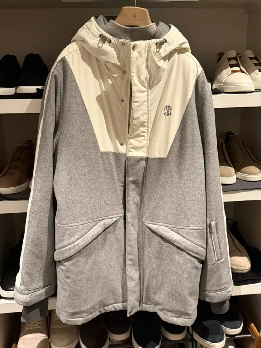 Brunello Cucinelli Grey and White Ski Jacket in Wool/Cashmere/Silk, men's size M